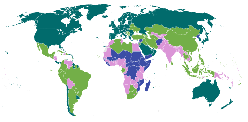 World map illustrating the four World Bank income classifications
